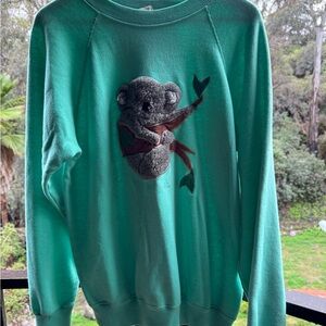 Vtg 80’s Teal Crewneck Sweatshirt with Fluffy 3D Koala Design.